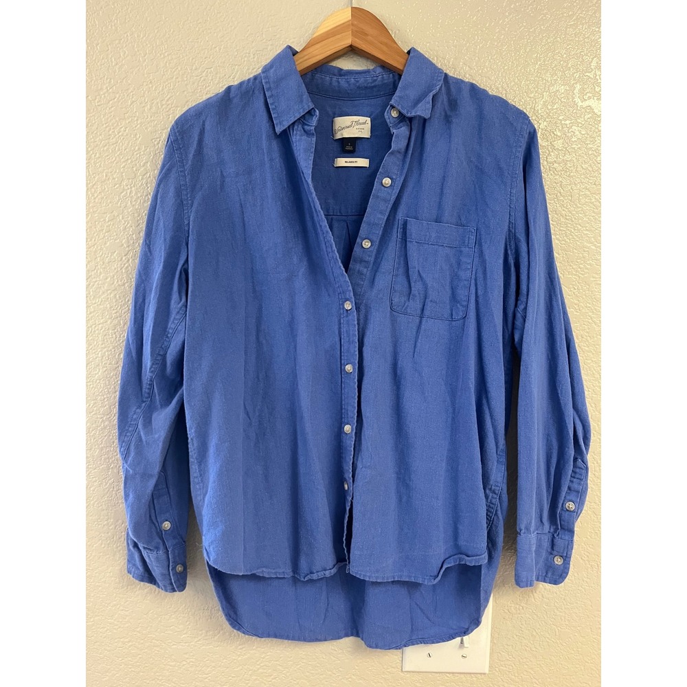 Universal Thread Women Blue Linen Blend Relaxed Fit Button Down Shirt Small